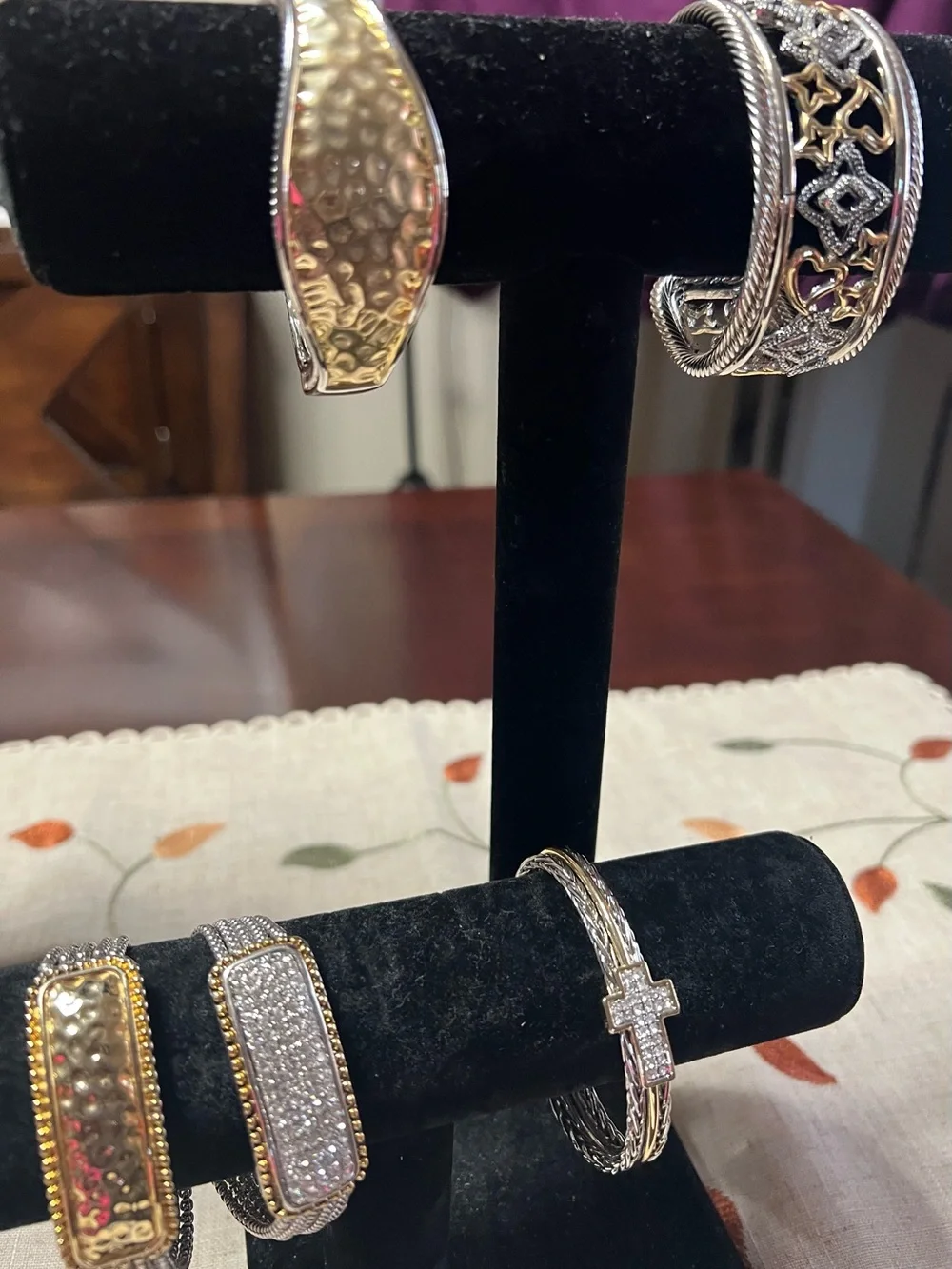 Two-Tone Silver and Gold Heart & Star Cable Cuff Bracelet LOT!